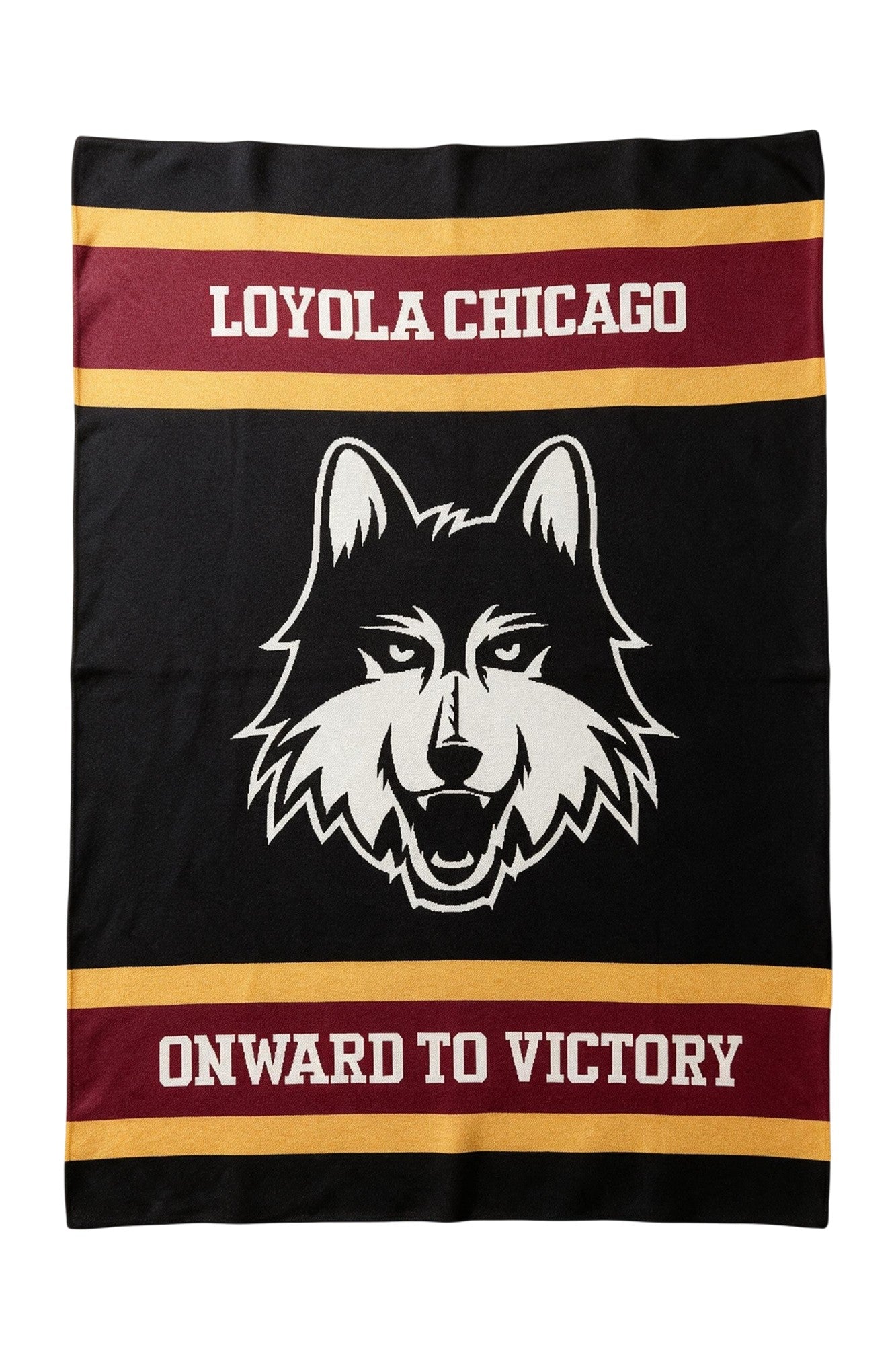 Loyola University Chicago varsity knit throw blanket in black, burgundy, and mustard gold with LUC Wolf head logo by SOUNDOFF - front