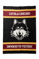 Loyola University Chicago varsity knit throw blanket in black, burgundy, and mustard gold with LUC Wolf head logo by SOUNDOFF - front