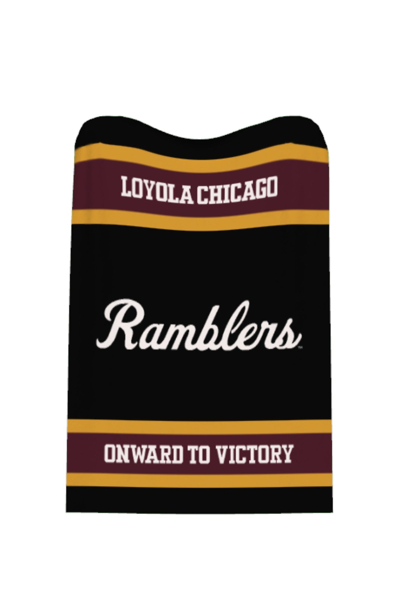 Loyola University Chicago varsity knit throw blanket in black, burgundy, and mustard gold with Ramblers script logo by SOUNDOFF - front