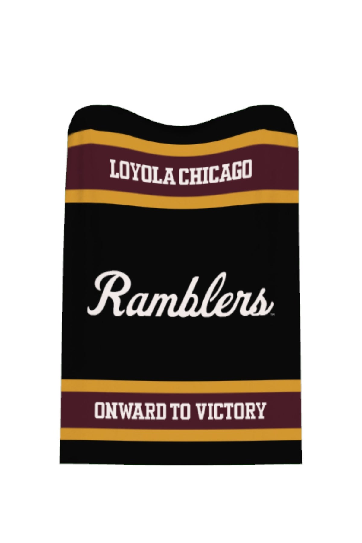 Loyola University Chicago varsity knit throw blanket in black, burgundy, and mustard gold with Ramblers script logo by SOUNDOFF - front