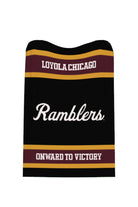 Loyola University Chicago varsity knit throw blanket in black, burgundy, and mustard gold with Ramblers script logo by SOUNDOFF - front