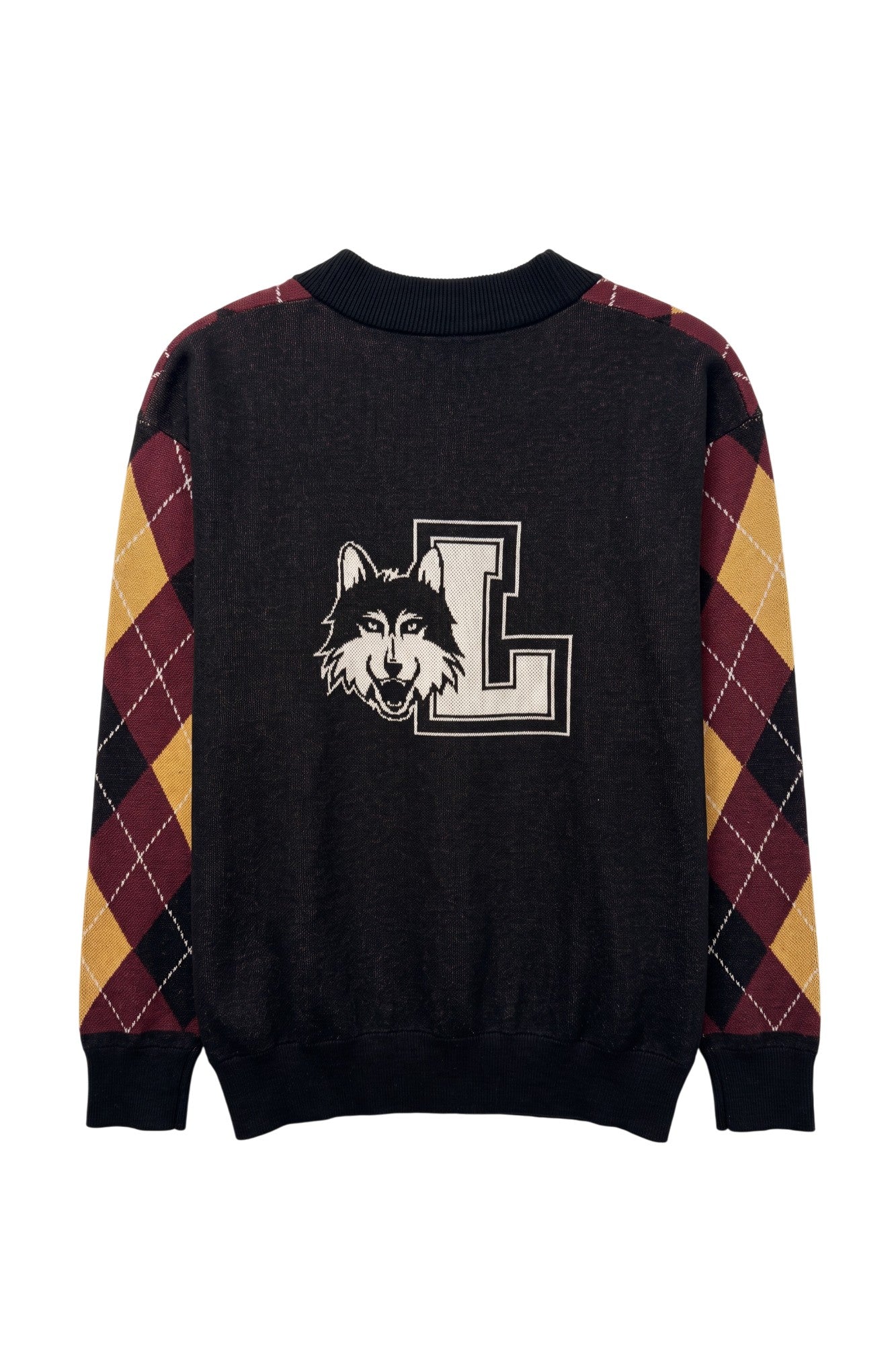 Loyola University Chicago Argyle Cardigan Knit Sweater with Burgundy, Mustard Gold and Black argyle pattern, White pinstripes and Black trim by SOUNDOFF - back