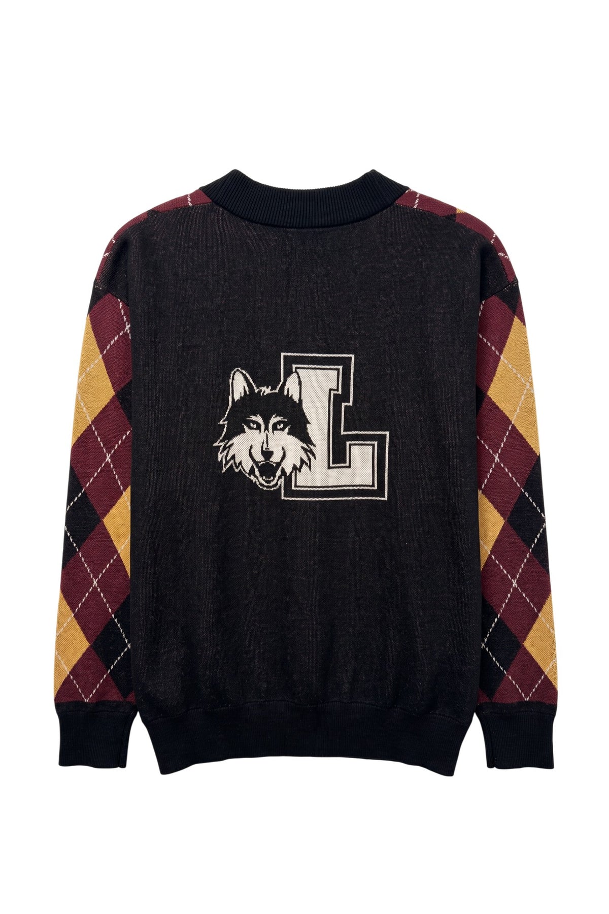 Loyola University Chicago Argyle Cardigan Knit Sweater with Burgundy, Mustard Gold and Black argyle pattern, White pinstripes and Black trim by SOUNDOFF - back