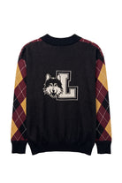 Loyola University Chicago Argyle Cardigan Knit Sweater with Burgundy, Mustard Gold and Black argyle pattern, White pinstripes and Black trim by SOUNDOFF - back