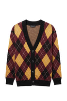 Loyola University Chicago Argyle Cardigan Knit Sweater with Burgundy, Mustard Gold and Black argyle pattern, White pinstripes and Black trim by SOUNDOFF - front