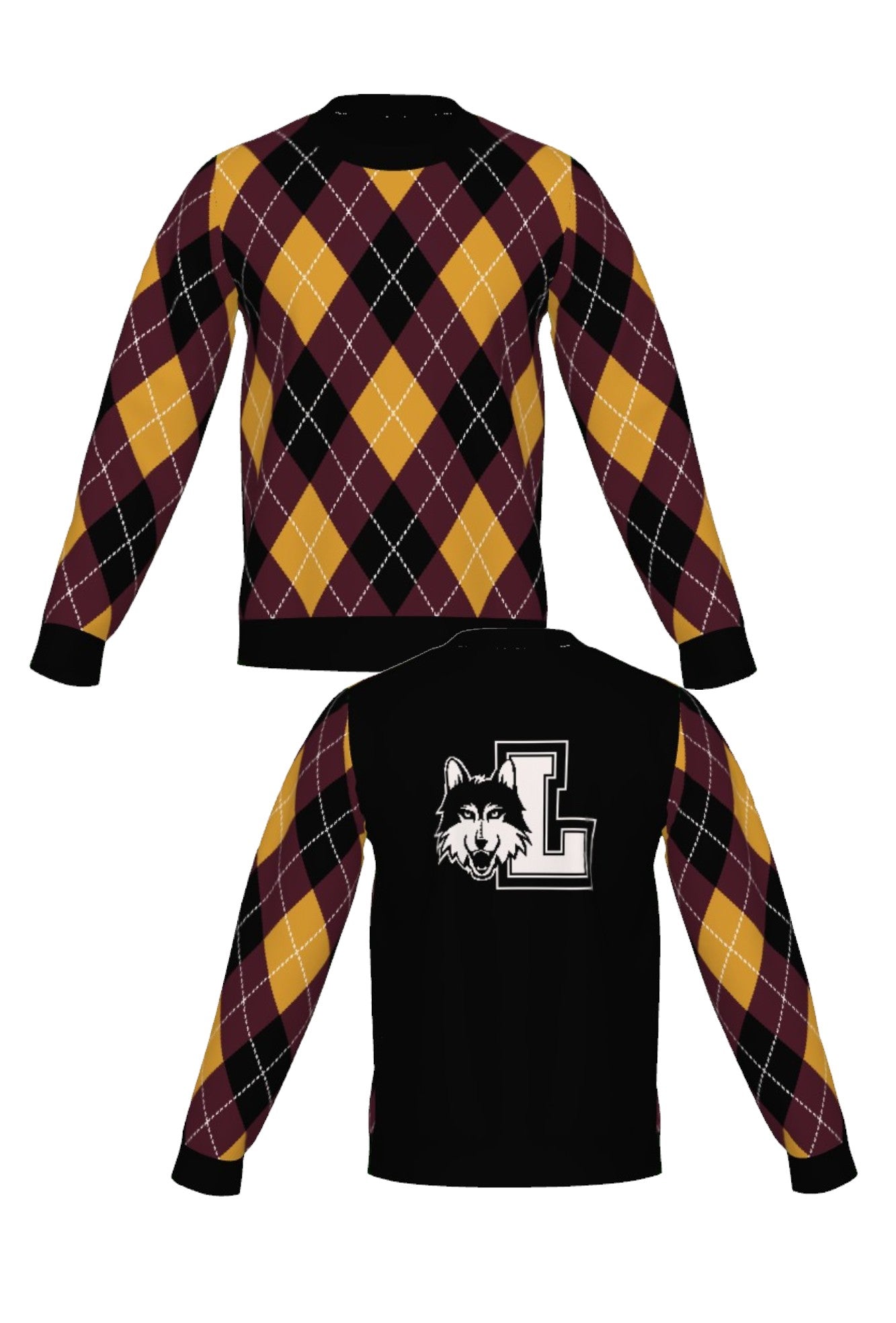 Loyola University Chicago Argyle Crew Neck Knit Sweater with Burgundy, Mustard Gold and Black argyle pattern, White pinstripes and Black trim by SOUNDOFF - front and back