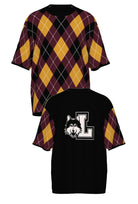 Loyola University Chicago Argyle Short Sleeve Knit Sweater with Burgundy, Mustard Gold and Black argyle pattern, White pinstripes and Black trim by SOUNDOFF - front and back