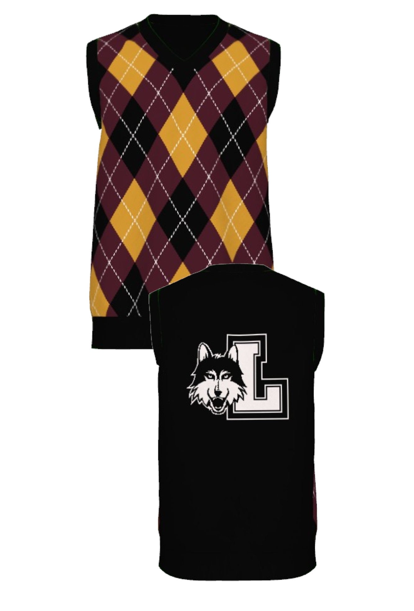 Loyola University Chicago Argyle V-Neck Vest Knit Sweater with Burgundy, Mustard Gold and Black argyle pattern, White pinstripes and Black trim by SOUNDOFF - front and back