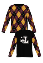 Loyola University Chicago Argyle Women's Knit Sweater with Burgundy, Mustard Gold and Black argyle pattern, White pinstripes and Black trim by SOUNDOFF - front and back