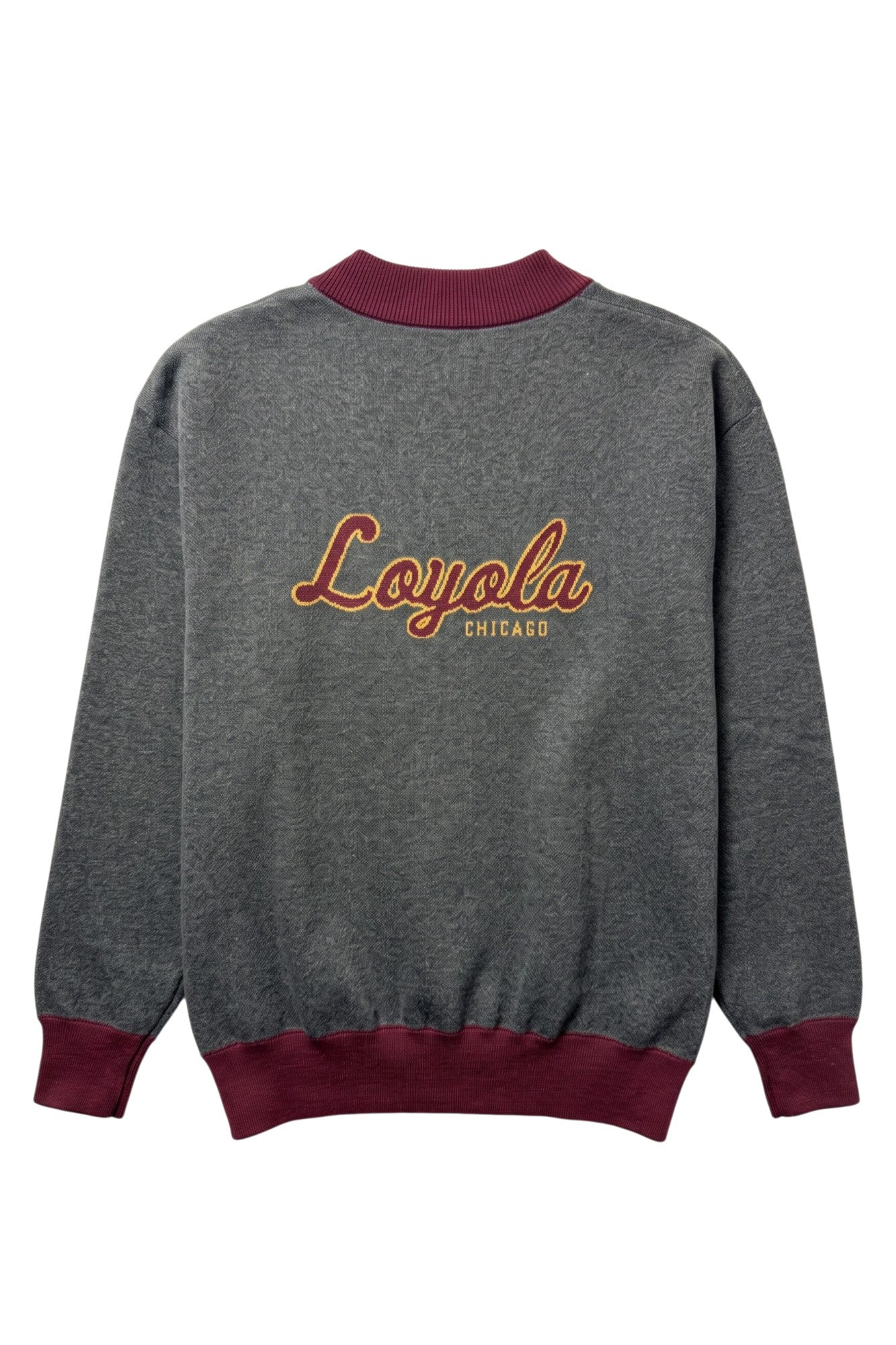 Loyola University Chicago Brixton Bias Cardigan Knit Sweater in Charcoal Gray with five Burgundy and Mustard Gold diagonal stripes and Burgundy trim by SOUNDOFF - back