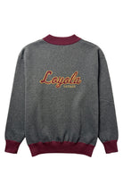 Loyola University Chicago Brixton Bias Cardigan Knit Sweater in Charcoal Gray with five Burgundy and Mustard Gold diagonal stripes and Burgundy trim by SOUNDOFF - back