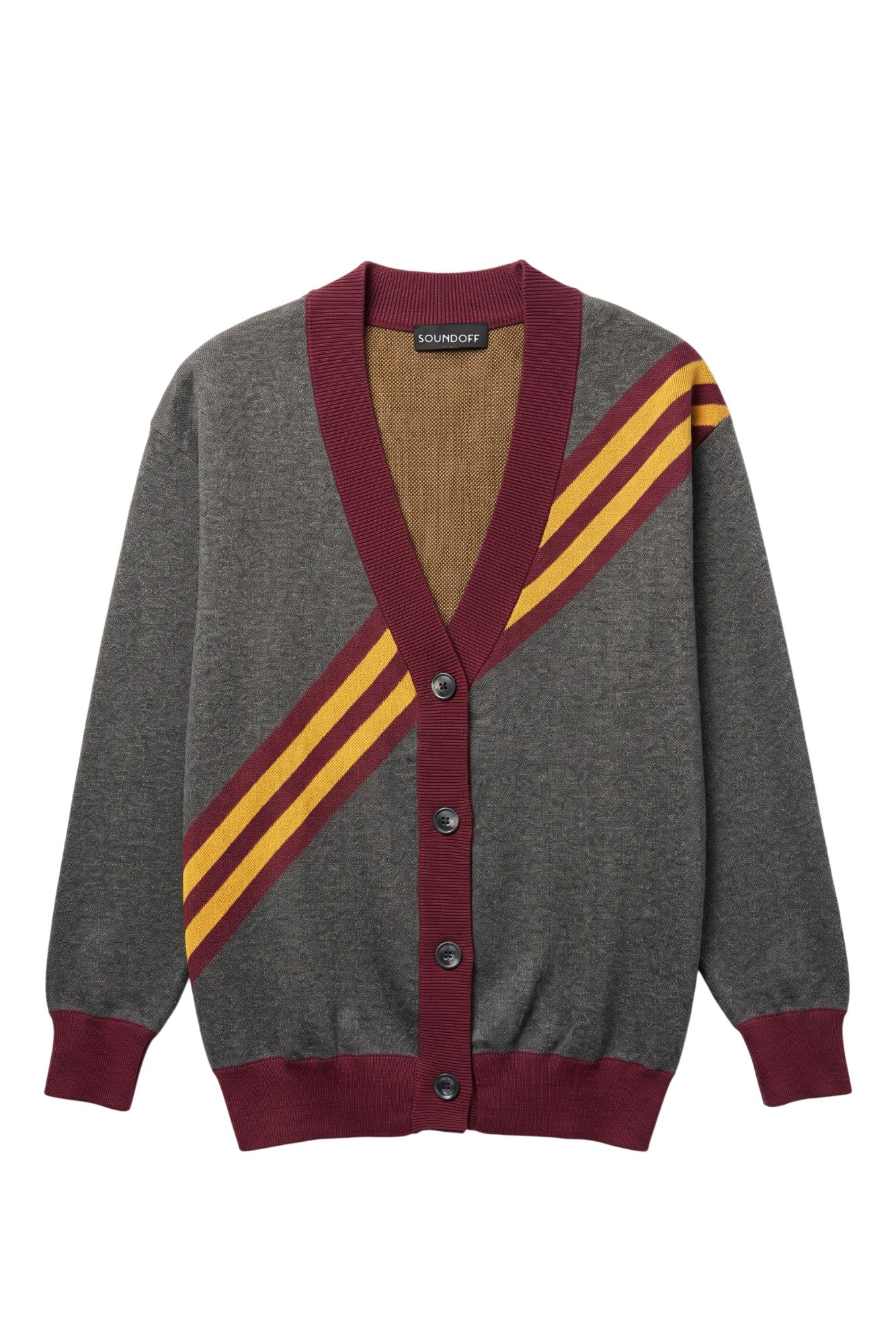 Loyola University Chicago Brixton Bias Cardigan Knit Sweater in Charcoal Gray with five Burgundy and Mustard Gold diagonal stripes and Burgundy trim by SOUNDOFF - front