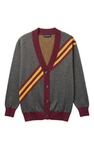 Loyola University Chicago Brixton Bias Cardigan Knit Sweater in Charcoal Gray with five Burgundy and Mustard Gold diagonal stripes and Burgundy trim by SOUNDOFF - front