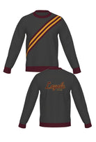 Loyola University Chicago Brixton Bias Crew Neck Knit Sweater in Charcoal Gray with five Burgundy and Mustard Gold diagonal stripes and Burgundy trim by SOUNDOFF - front and back
