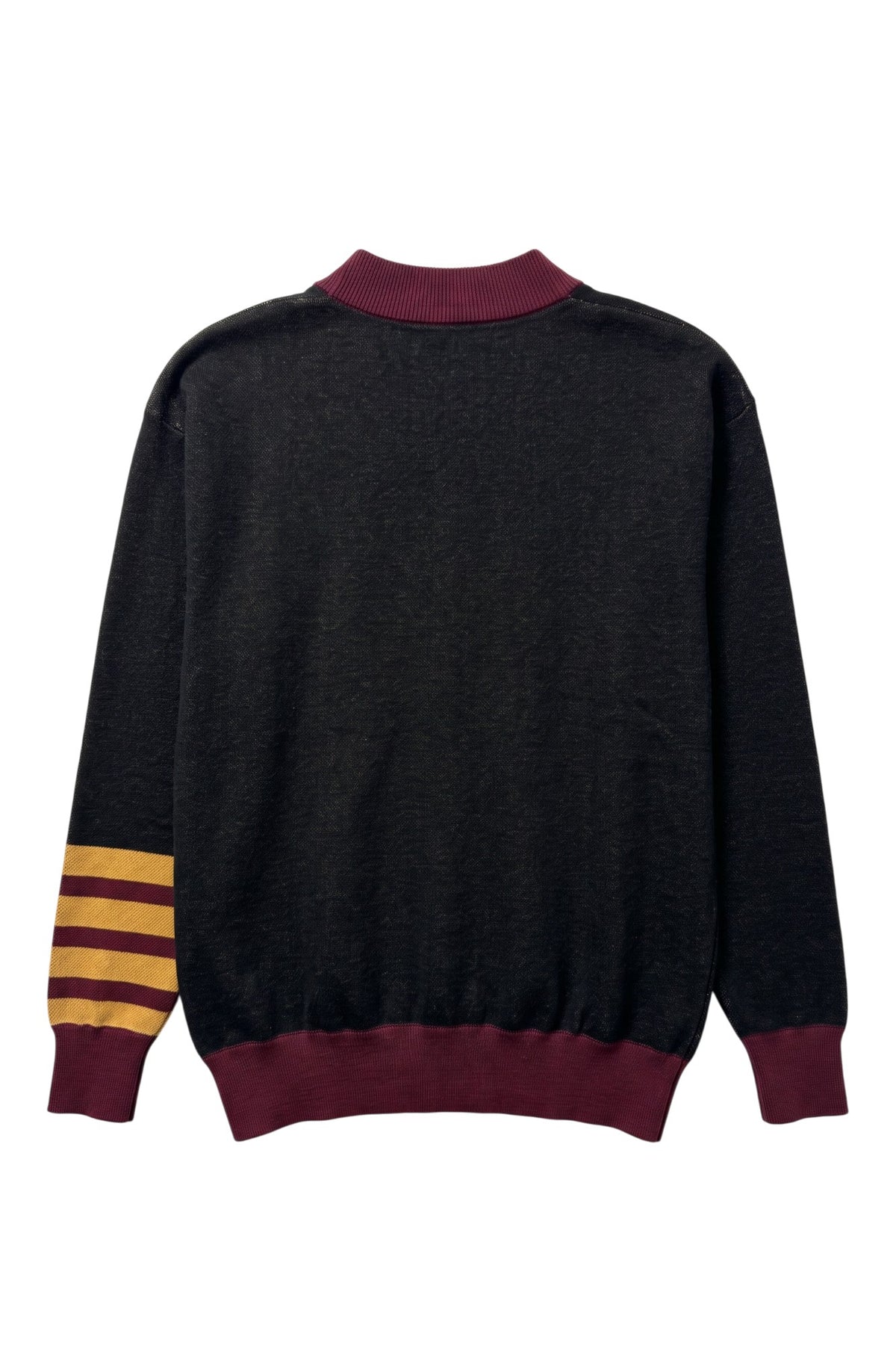 Loyola University Chicago Letterman Band Cardigan Knit Sweater in Black with Burgundy trim, Burgundy and Mustard Gold script logo and sleeve bands by SOUNDOFF - back