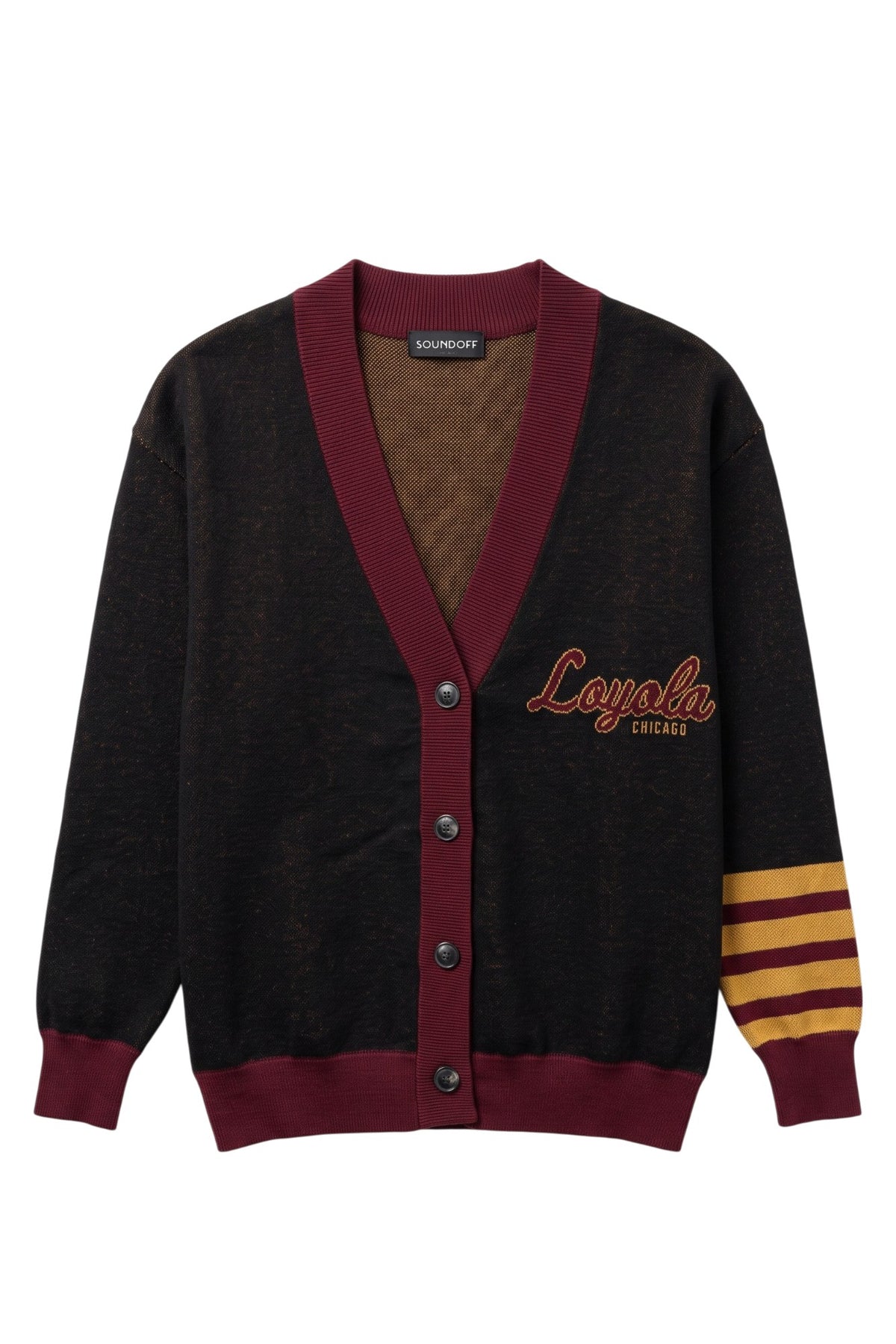 Loyola University Chicago Letterman Band Cardigan Knit Sweater in Black with Burgundy trim, Burgundy and Mustard Gold script logo and sleeve bands by SOUNDOFF - front