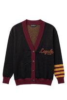 Loyola University Chicago Letterman Band Cardigan Knit Sweater in Black with Burgundy trim, Burgundy and Mustard Gold script logo and sleeve bands by SOUNDOFF - front