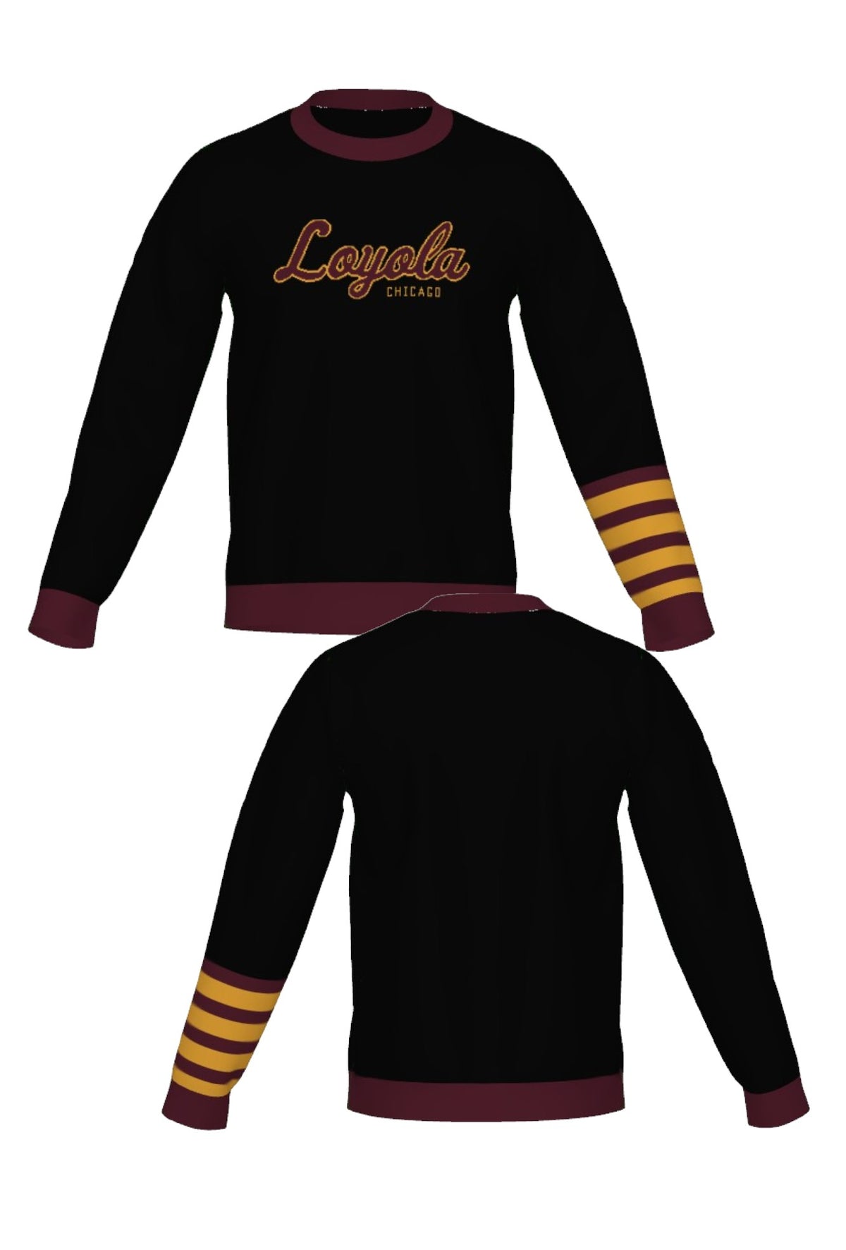 Loyola University Chicago Letterman Band Crew Neck Knit Sweater in Black with Burgundy trim, Burgundy and Mustard Gold script logo and sleeve bands by SOUNDOFF - front and back