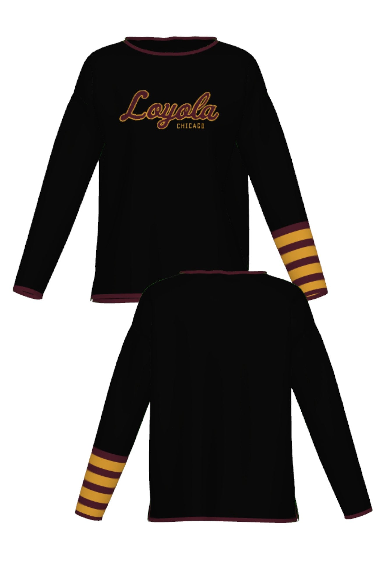 Loyola University Letterman Band Woman's Knit Sweater in Black with Burgundy trim, Burgundy and Mustard Gold script logo and sleeve bands by SOUNDOFF - front and back