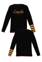 Loyola University Letterman Band Woman's Knit Sweater in Black with Burgundy trim, Burgundy and Mustard Gold script logo and sleeve bands by SOUNDOFF - front and back