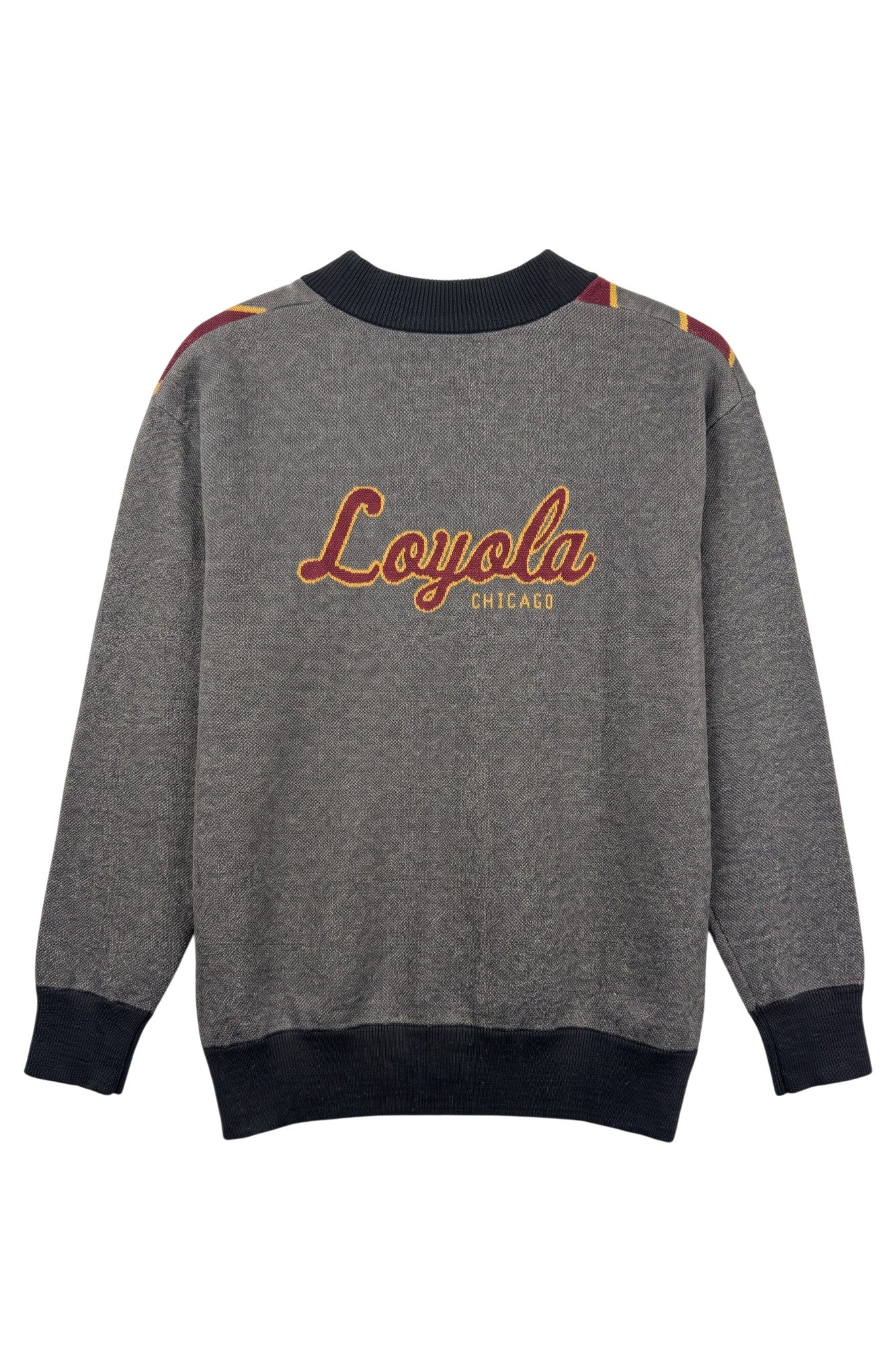 Loyola University Chicago Repp Stripe Knit Cardigan Sweater in Charcoal Grey with Burgundy diagonal stripes and Mustard Gold pinstripes by SOUNDOFF - back