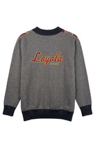 Loyola University Chicago Repp Stripe Knit Cardigan Sweater in Charcoal Grey with Burgundy diagonal stripes and Mustard Gold pinstripes by SOUNDOFF - back