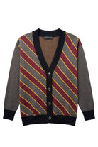 Loyola University Chicago Repp Stripe Knit Cardigan Sweater in Charcoal Grey with Burgundy diagonal stripes and Mustard Gold pinstripes by SOUNDOFF - front