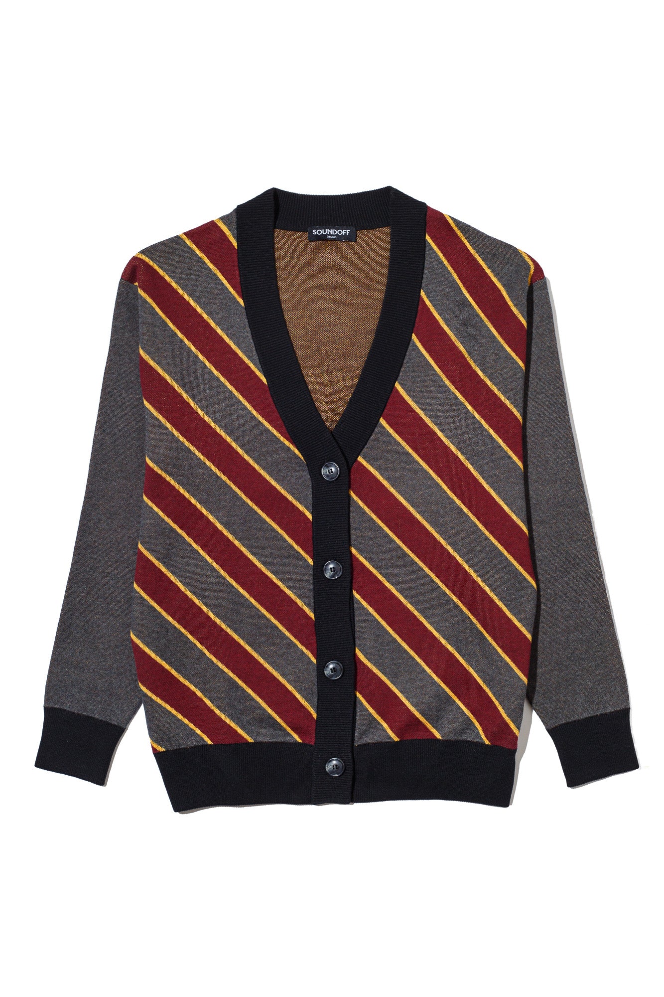 Loyola University Chicago Repp Stripe Knit Cardigan Sweater – by Soundoff in Burgundy, mustard, charcoal and black front