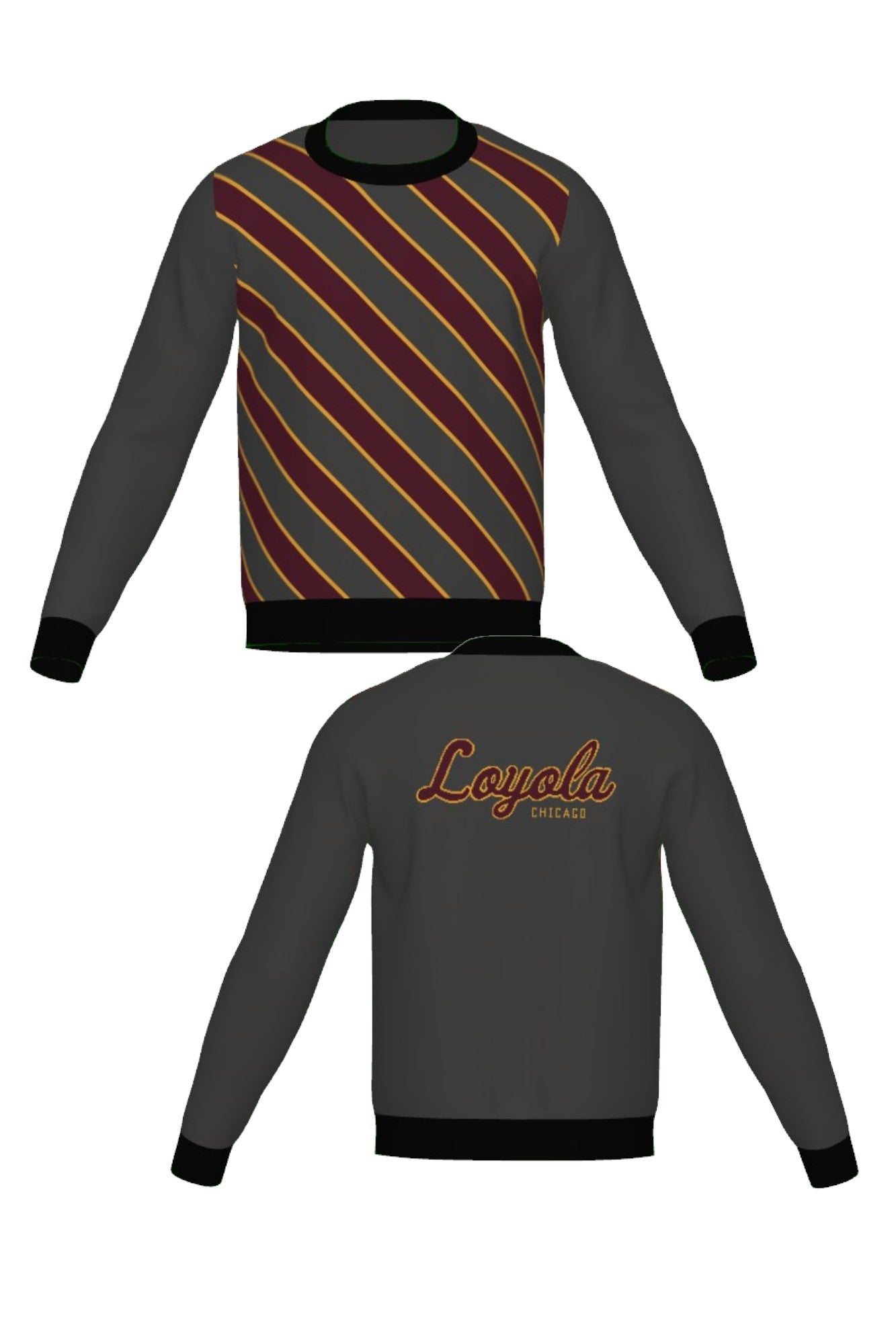 Loyola University Chicago Repp Stripe Knit Crew Neck Sweater in Charcoal Grey with Burgundy diagonal stripes and Mustard Gold pinstripes by SOUNDOFF - front and back