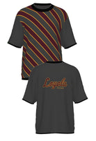 Loyola University Chicago Repp Stripe Knit Short Sleeve Sweater in Charcoal Grey with Burgundy diagonal stripes and Mustard Gold pinstripes by SOUNDOFF - front and back