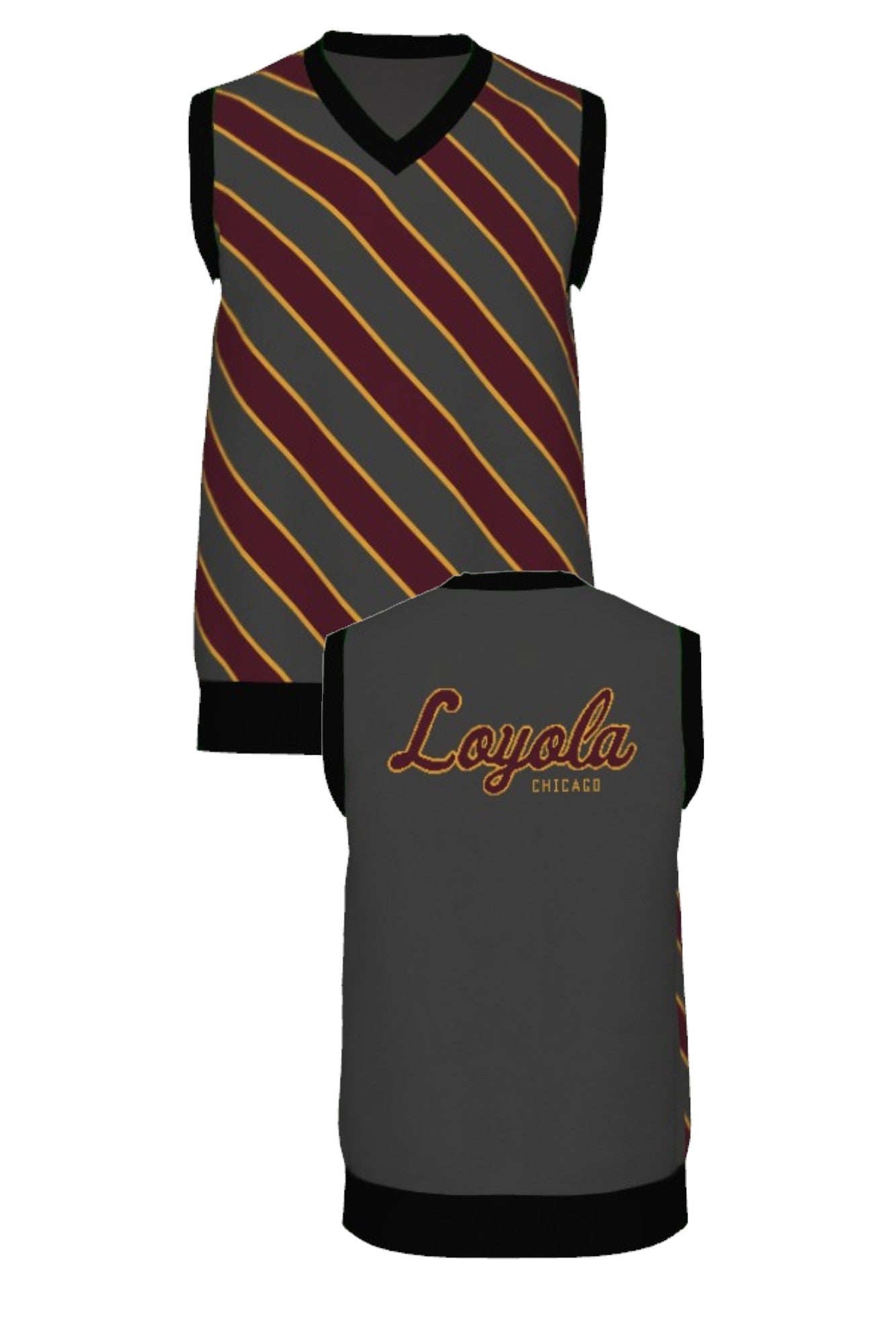 Loyola University Chicago Repp Stripe Knit V-Neck Vest Sweater in Charcoal Grey with Burgundy diagonal stripes and Mustard Gold pinstripes by SOUNDOFF - front and back