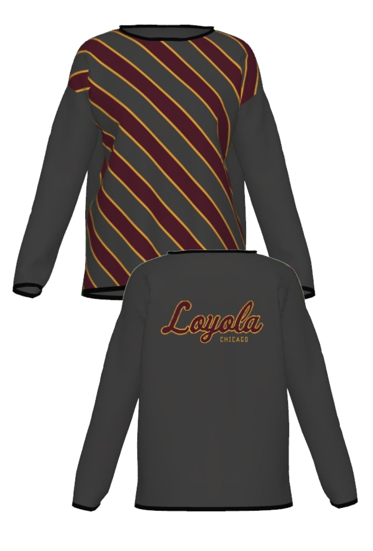Loyola University Chicago Repp Stripe Knit Women's Sweater in Charcoal Grey with Burgundy diagonal stripes and Mustard Gold pinstripes by SOUNDOFF - front and back