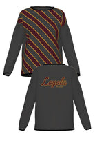 Loyola University Chicago Repp Stripe Knit Women's Sweater in Charcoal Grey with Burgundy diagonal stripes and Mustard Gold pinstripes by SOUNDOFF - front and back
