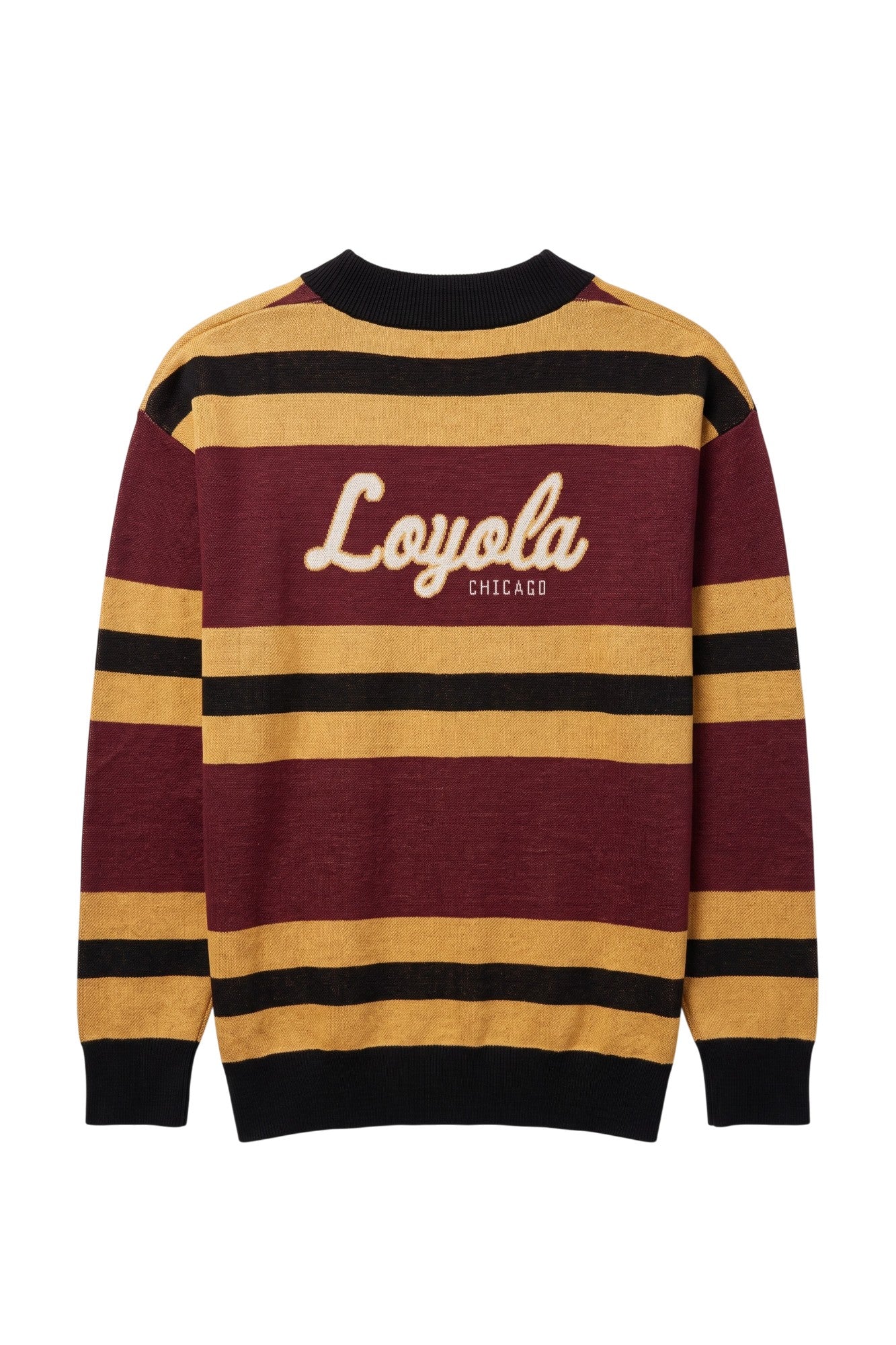 Loyola University Chicago Rugby Stripe  Cardigan Knit Sweater in Burgundy, Mustard Gold and Black with horizontal stripes and Black trim by SOUNDOFF - back