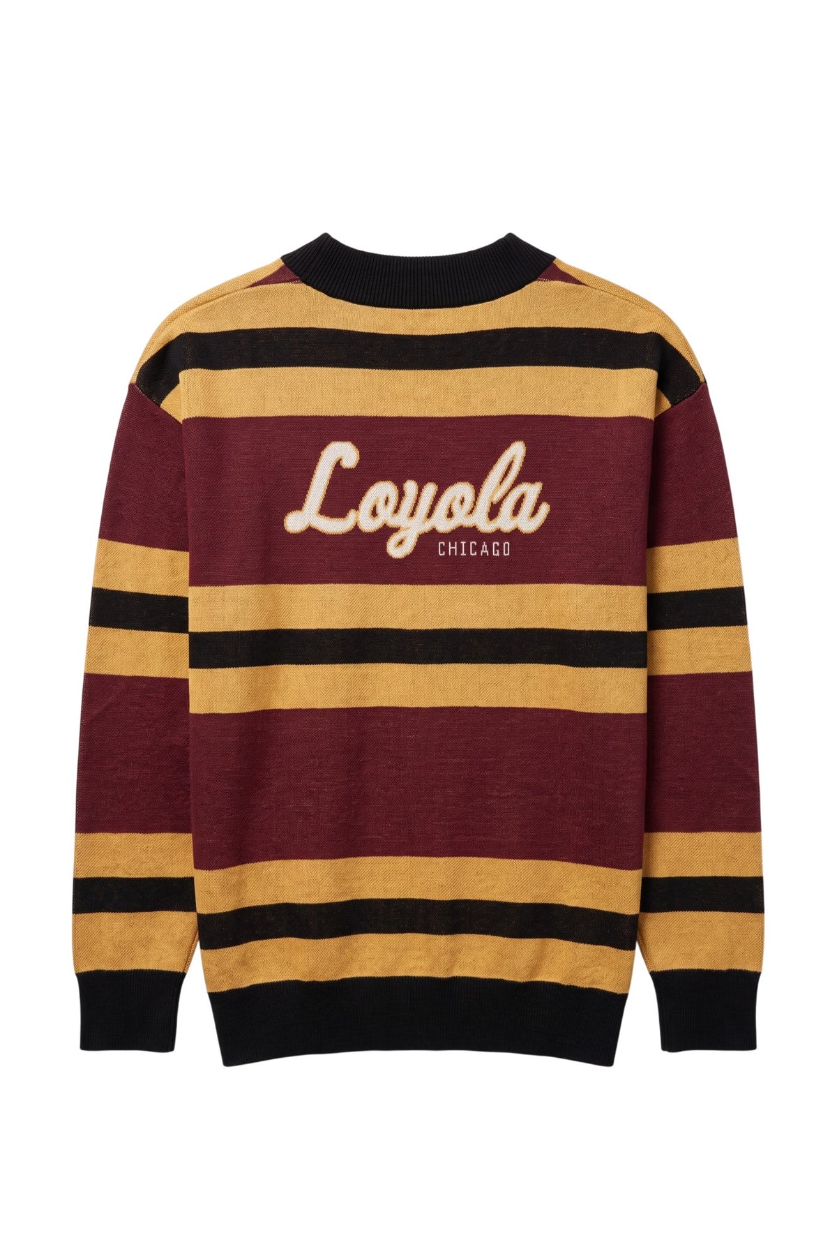 Loyola University Chicago Rugby Stripe  Cardigan Knit Sweater in Burgundy, Mustard Gold and Black with horizontal stripes and Black trim by SOUNDOFF - back