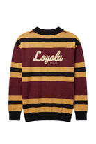 Loyola University Chicago Rugby Stripe  Cardigan Knit Sweater in Burgundy, Mustard Gold and Black with horizontal stripes and Black trim by SOUNDOFF - back