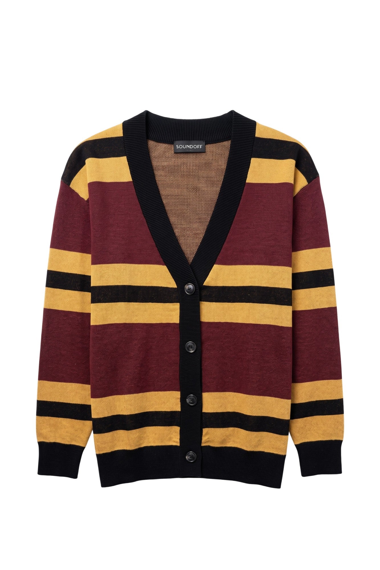 Loyola University Chicago Rugby Stripe  Cardigan Knit Sweater in Burgundy, Mustard Gold and Black with horizontal stripes and Black trim by SOUNDOFF - front