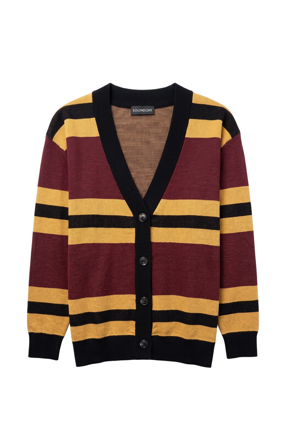 Loyola University Chicago Rugby Stripe  Cardigan Knit Sweater in Burgundy, Mustard Gold and Black with horizontal stripes and Black trim by SOUNDOFF - front