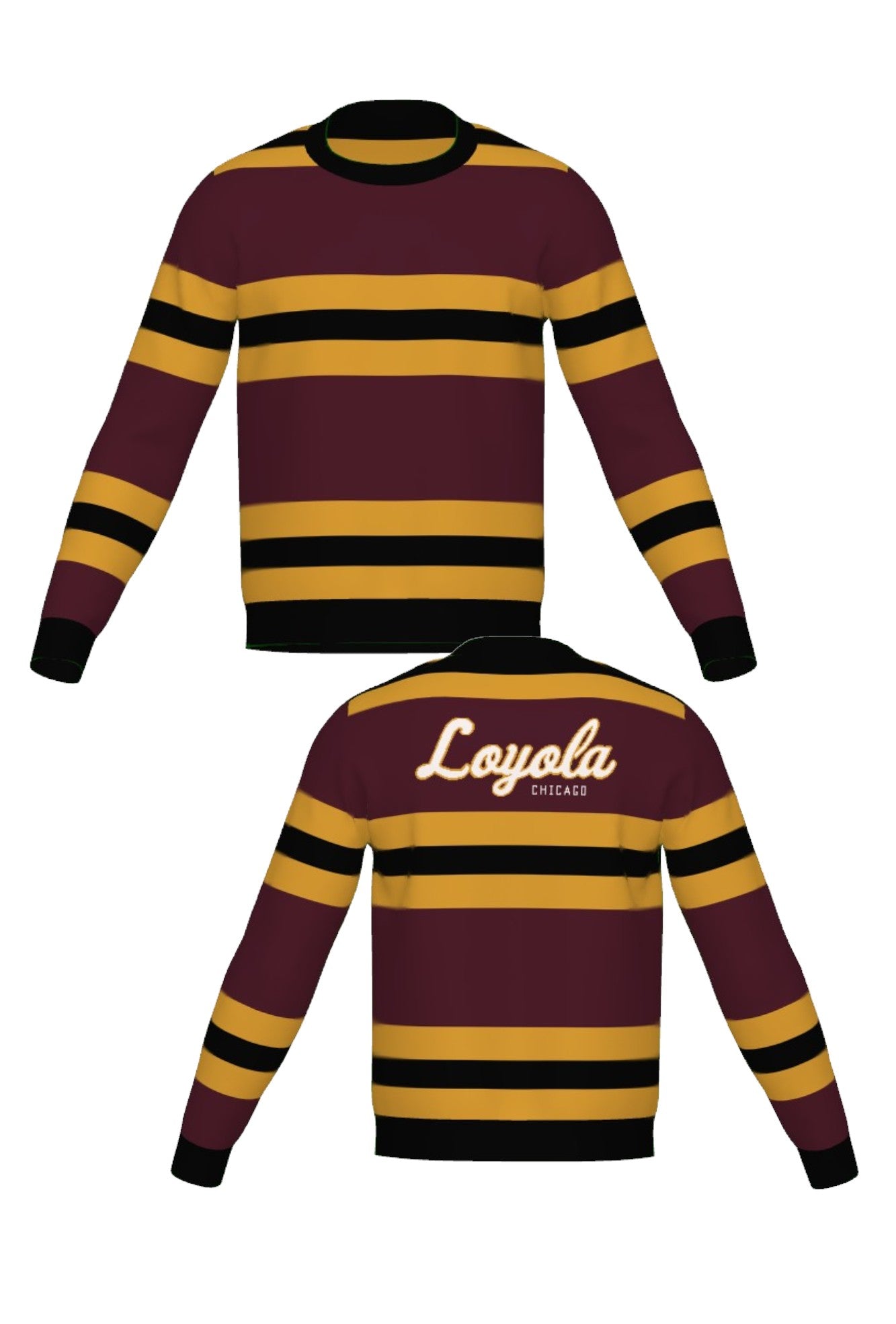 Loyola University Chicago Rugby Stripe  Crew Neck Knit Sweater in Burgundy, Mustard Gold and Black with horizontal stripes and Black trim by SOUNDOFF - front and back