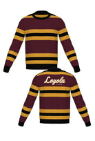 Loyola University Chicago Rugby Stripe  Crew Neck Knit Sweater in Burgundy, Mustard Gold and Black with horizontal stripes and Black trim by SOUNDOFF - front and back