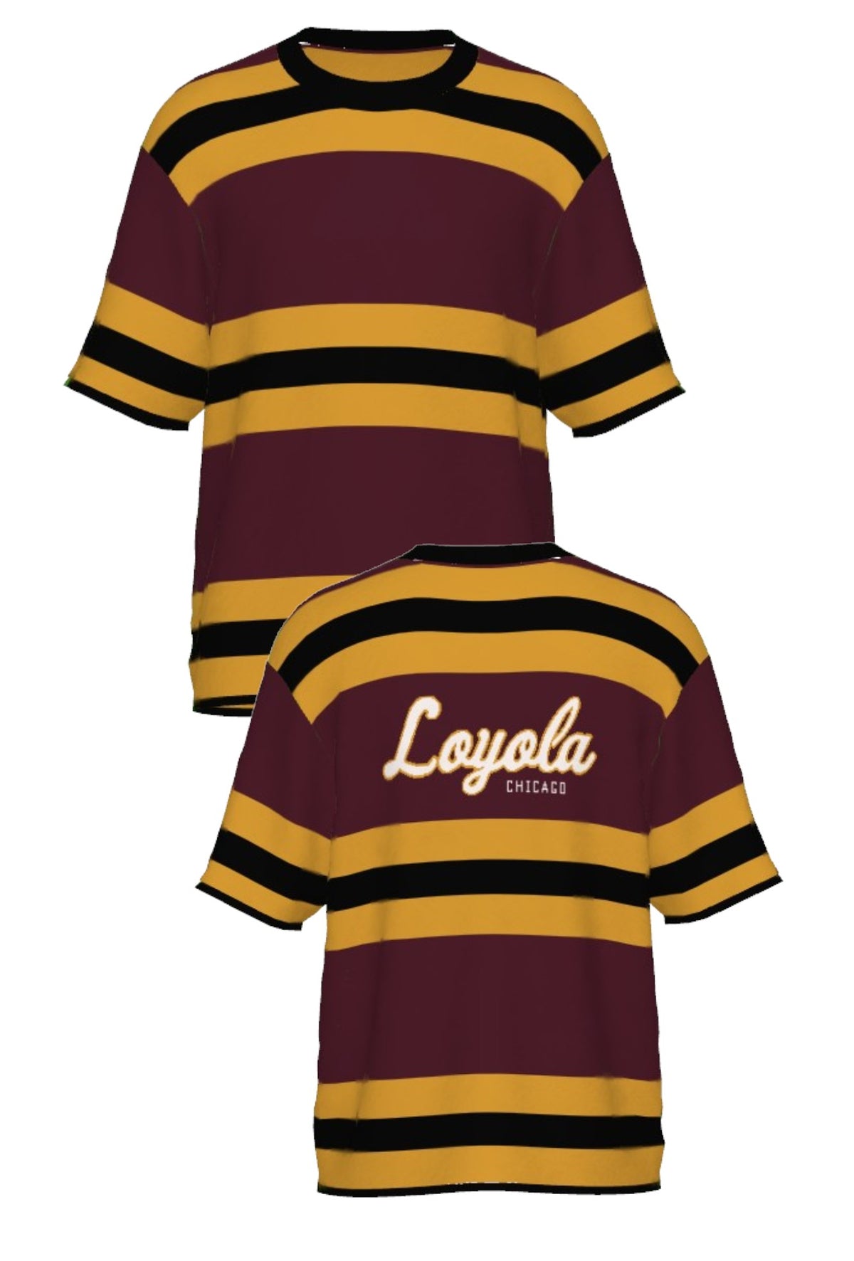 Loyola University Chicago Rugby Stripe  Short Sleeve Knit Sweater in Burgundy, Mustard Gold and Black with horizontal stripes and Black trim by SOUNDOFF - front and back