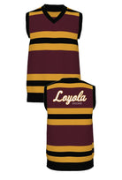 Loyola University Chicago Rugby Stripe  V-Neck Vest Knit Sweater in Burgundy, Mustard Gold and Black with horizontal stripes and Black trim by SOUNDOFF - front and back