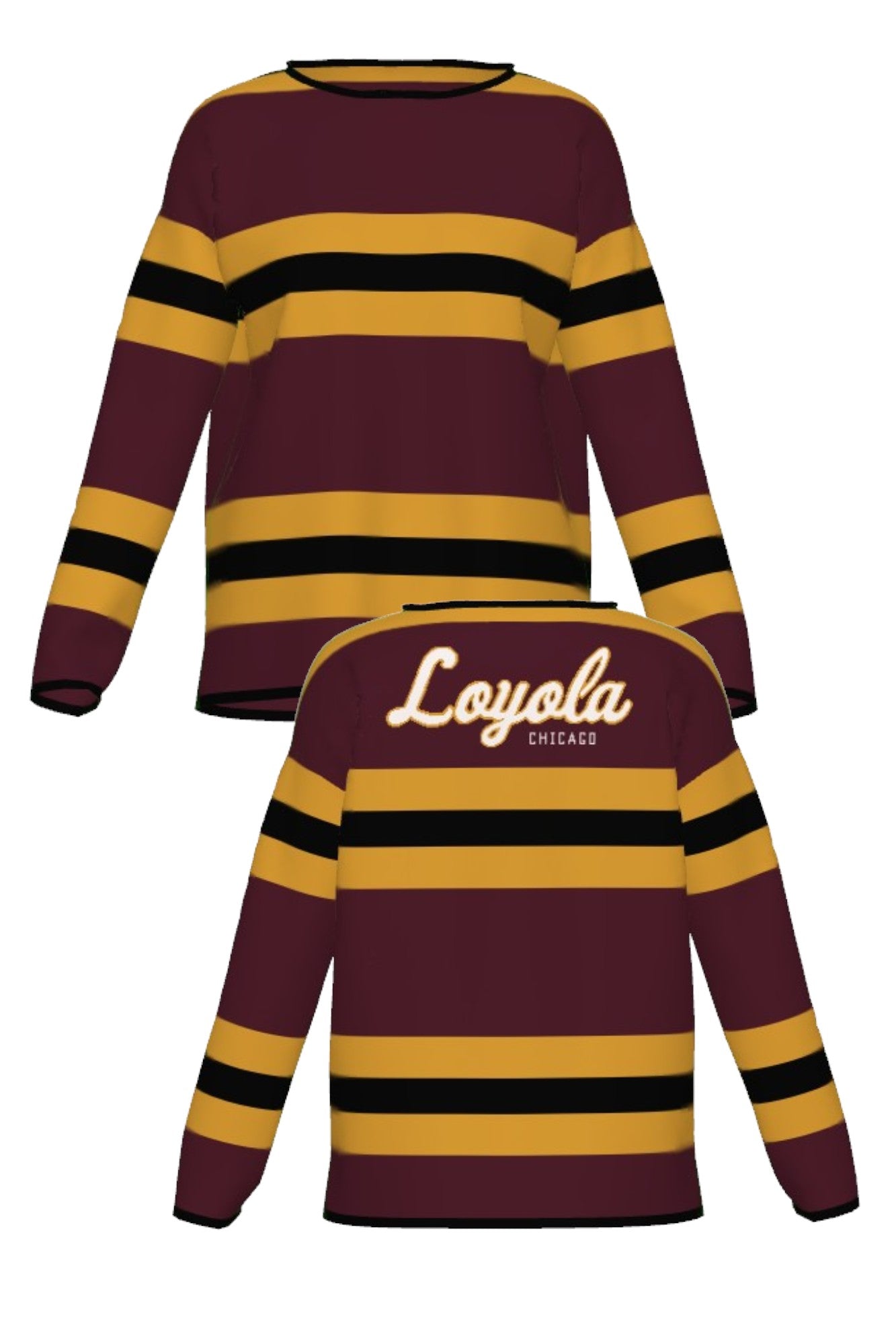 Loyola University Chicago Rugby Stripe  Woman's Knit Sweater in Burgundy, Mustard Gold and Black with horizontal stripes and Black trim by SOUNDOFF - front and back