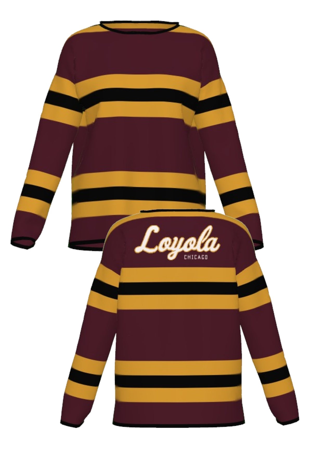 Loyola University Chicago Rugby Stripe  Woman's Knit Sweater in Burgundy, Mustard Gold and Black with horizontal stripes and Black trim by SOUNDOFF - front and back