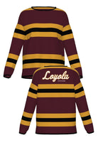 Loyola University Chicago Rugby Stripe  Woman's Knit Sweater in Burgundy, Mustard Gold and Black with horizontal stripes and Black trim by SOUNDOFF - front and back