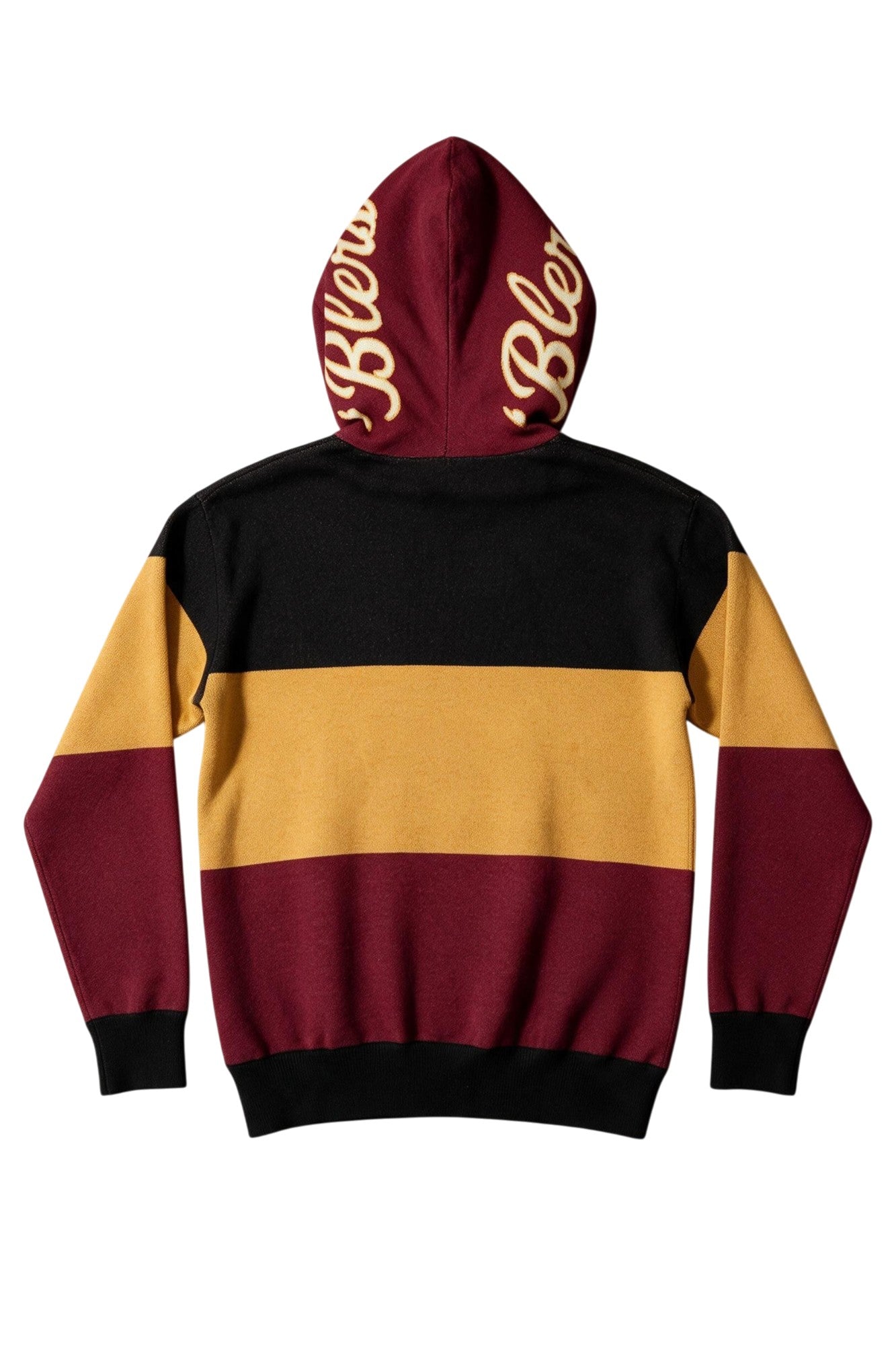 Loyola University Chicago tri stripe hooded knit sweater with burgundy hood featuring Script 'Blers graphic in white and mustard gold and LUC Wolf Crest Patch by SOUNDOFF - back
