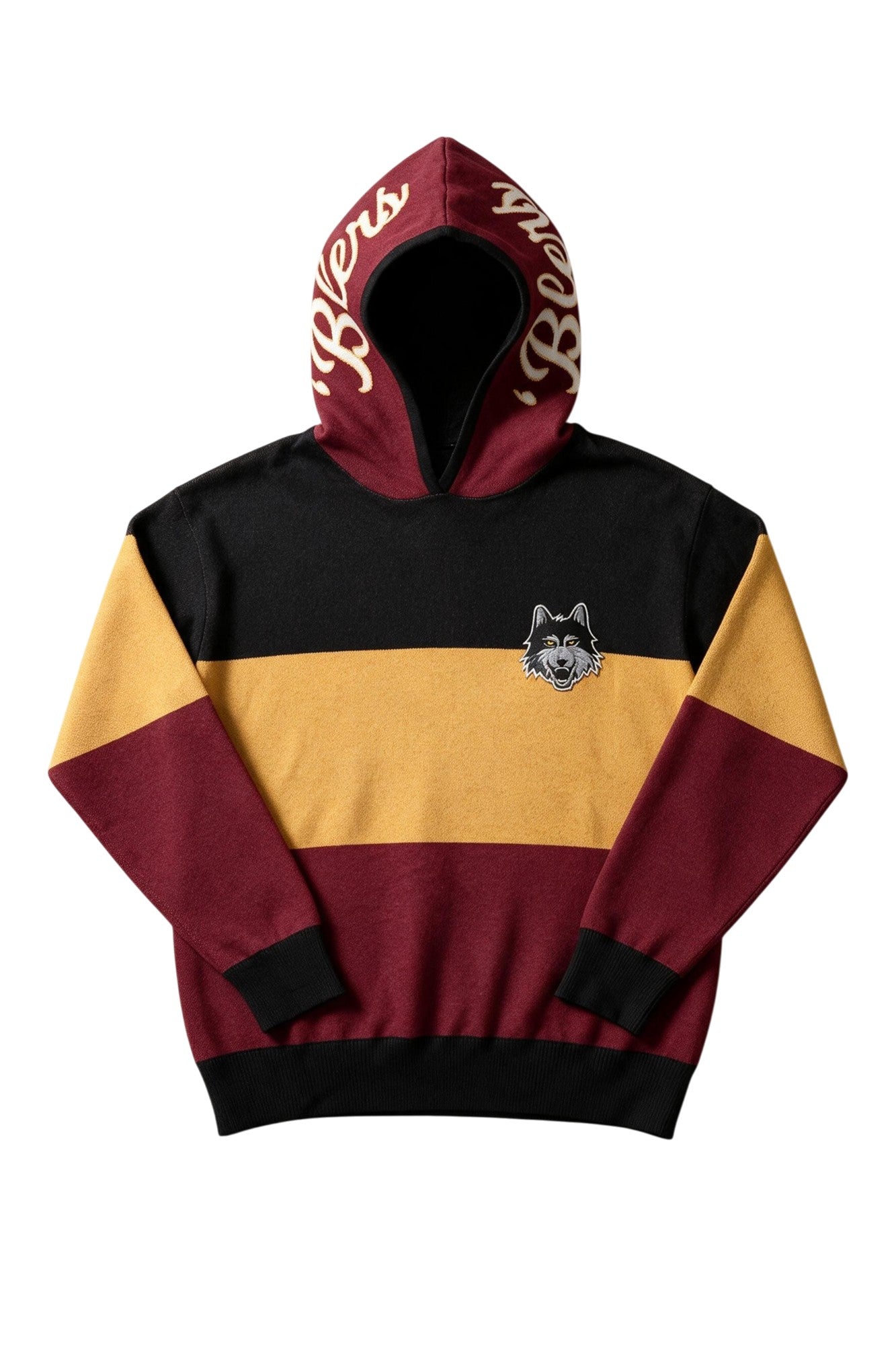 Loyola University Chicago tri stripe hooded knit sweater with burgundy hood featuring Script 'Blers graphic in white and mustard gold and LUC Wolf Crest Patch by SOUNDOFF - front