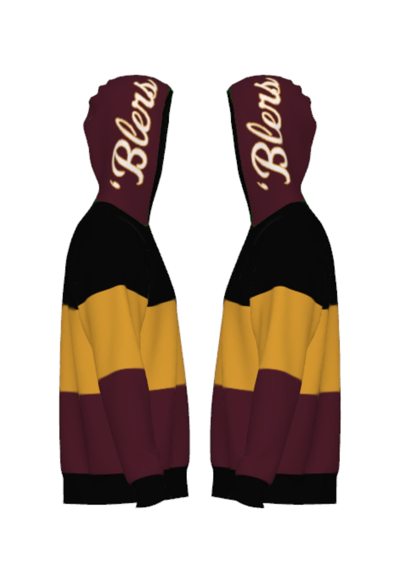 Loyola University Chicago tri stripe hooded knit sweater with burgundy hood featuring Script 'Blers graphic in white and mustard gold and LUC Wolf Crest Patch by SOUNDOFF - side