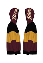 Loyola University Chicago tri stripe hooded knit sweater with burgundy hood featuring Script 'Blers graphic in white and mustard gold and LUC Wolf Crest Patch by SOUNDOFF - side