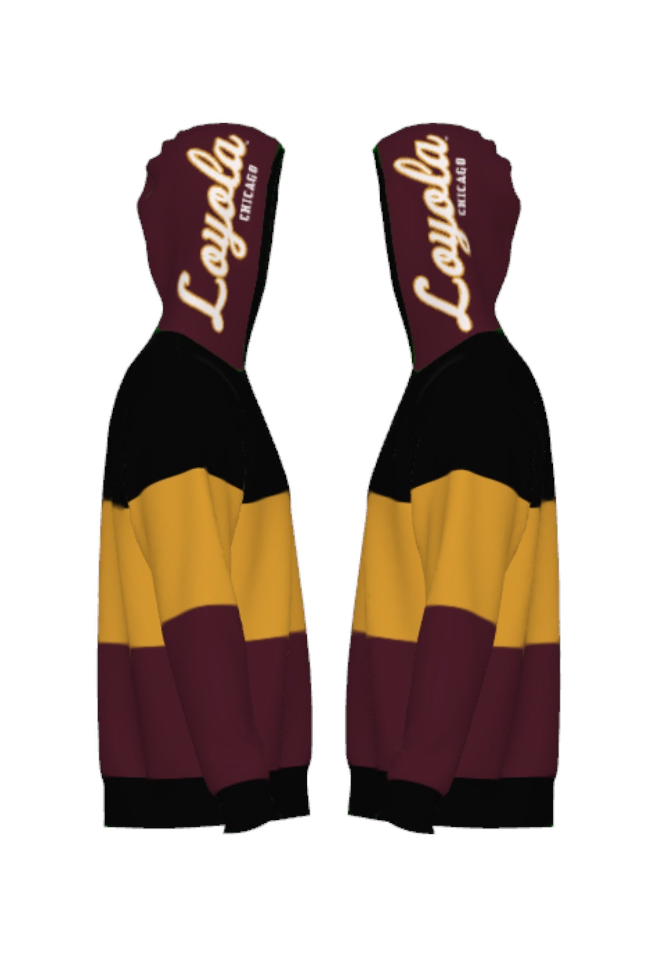 Loyola University Chicago tri stripe hooded knit sweater with burgundy hood featuring Script Loyola Chicago graphic in white and mustard gold and LUC Wolf Crest Patch by SOUNDOFF - side